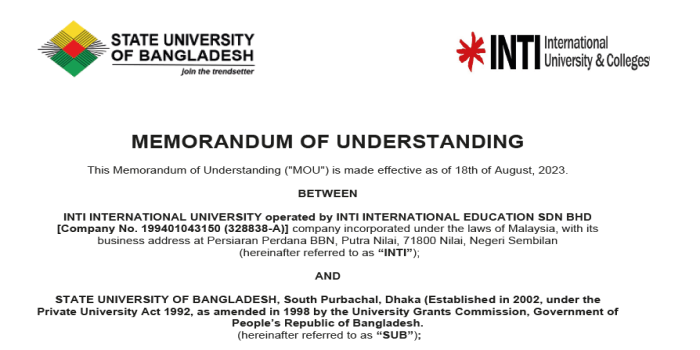 MoU signed between State University of Bangladesh and INTI University Malaysia